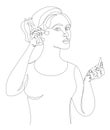 Silhouette of a lady. A woman does makeup, paints a blush in a modern style with one continuous line. Sketches for decor, posters,