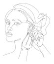 Silhouette of a lady. A woman wears an earring in a modern style with one solid line and leaves. Sketches for decor, posters, stic