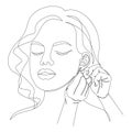 Silhouette of a lady. A woman wears an earring in a modern style with one solid line and leaves. Sketches for decor, posters, stic