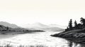 Black And White Lake Scene Illustration With Scottish Landscape Style