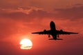 Silhouette of landing aircraft and red sky with sun Royalty Free Stock Photo