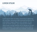 Silhouette of landscape with mountain bike rider. Horizontal card with text. Blue illustration, forest, mountains. Royalty Free Stock Photo