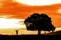 Stand alone tree on grass field with man standing near and raise two hands up with background of Royalty Free Stock Photo