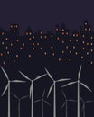 Silhouette of landscape view of city night lights and wind power turbine Royalty Free Stock Photo