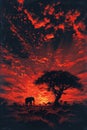 Silhouette of large acacia tree in the savanna plains with elephant. African sunset or sunrise. Wild nature Royalty Free Stock Photo