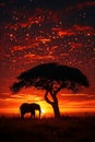 Silhouette of large acacia tree in the savanna plains with elephant. African sunset or sunrise. Wild nature Royalty Free Stock Photo