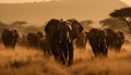 Silhouette of large elephant herd at sunset generated by AI Royalty Free Stock Photo