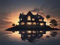 Silhouette large house in the middle of a lake Royalty Free Stock Photo