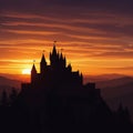 Silhouette of a large, multi-towered castle with flags, set against a dramatic sunset Royalty Free Stock Photo