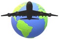 A silhouette of a large passenger jet airplane flying over a globe of the world