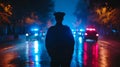 Silhouette of law enforcement officer in special clothing stands surrounded red and blue car-light in background