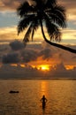 Silhouette of leaning palm tree and a woman at sunrise on Taveuni Island, Fiji