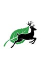 Silhouette of a leaping deer positioned over a green leaf, creating a contrast between the Royalty Free Stock Photo