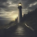 Silhouette of a lighthouse in the dark. AI-Generated.