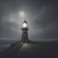 Silhouette of a lighthouse in the dark. AI-Generated.