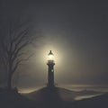 Silhouette of a lighthouse in the dark. AI-Generated.