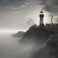 Silhouette of a lighthouse in the dark. AI-Generated.