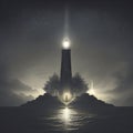 Silhouette of a lighthouse in the dark. AI-Generated.