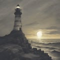 Silhouette of a lighthouse in the dark. AI-Generated.