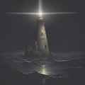 Silhouette of a lighthouse in the dark. AI-Generated.