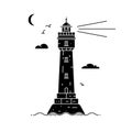 Silhouette lighthouse on island in sea with clouds and waves