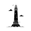 Silhouette lighthouse on island in sea with clouds and waves