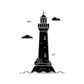 Silhouette lighthouse on island in sea with clouds and waves