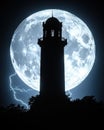 Dramatic Lighthouse Silhouette Against Full Moon and Lightning Royalty Free Stock Photo