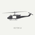 Silhouette. Line flat vector icon military turboprop transportation helicopter. Army equipment and armament. Retro