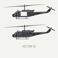 Silhouette. Line flat vector icon set military turboprop transportation helicopter. Army equipment and armament. Retro