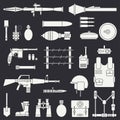 Silhouette. Line flat vector military icon set. Army equipment and weapons. Cartoon style. Assault. Soldiers. Armament