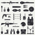 Silhouette. Line flat vector military icon set. Army equipment and weapons. Cartoon style. Assault. Soldiers. Armament