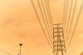 Silhouette line of high voltage electric pole with sunset background Royalty Free Stock Photo