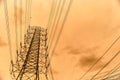 Silhouette line of high voltage electric pole with sunset background Royalty Free Stock Photo