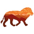 Silhouette of a lion with a pattern inside in red-orange colors, painted in squares, pixels