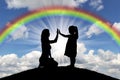 Silhouette, little happy girl child with mom on the hill and rainbow in the sky