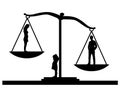 Silhouette of a little sad girl baby crying standing between mom and dad, they stand on the scales of justice. Vector