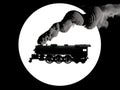 Silhouette logo of steam puffing smoke locomotive in black and white on bright sun background. 3D illustration