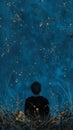 Silhouette lone man figure back view sitting blue night sky Van Gogh strokes