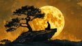 Silhouette of a Lone Monk Meditating Under a Bodhi tree, rising full moon. Vesak Day. AI Generated