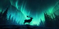 The silhouette of a lone reindeer against the backdrop of the northern lights , concept of Solitude