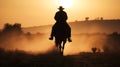 Silhouette of a lonely cowboy at sunset in the American West, illustration ai generative Royalty Free Stock Photo