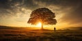Silhouette of lonely human under old majestic tree at evening meadow during incredible sunset with rays of golden sun Royalty Free Stock Photo
