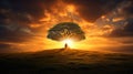 Silhouette of lonely human under old majestic tree at evening meadow during incredible sunset with rays of golden sun Royalty Free Stock Photo