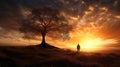 Silhouette of lonely human under old majestic tree at evening meadow during incredible sunset with rays of golden sun