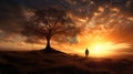 Silhouette of lonely human under old majestic tree at evening meadow during incredible sunset with rays of golden sun Royalty Free Stock Photo