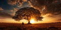 Silhouette of lonely human under old majestic tree at evening meadow during incredible sunset with rays of golden sun Royalty Free Stock Photo