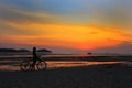 Silhouette of lonely unidentified girl with bike on beach with sunset light