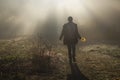 Silhouette Of Lonely Walker In Misty Autumn Morning Royalty Free Stock Photo