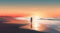 Silhouette of lonely woman walking by sea at sunset evokes sense of romantic serenity and solitude